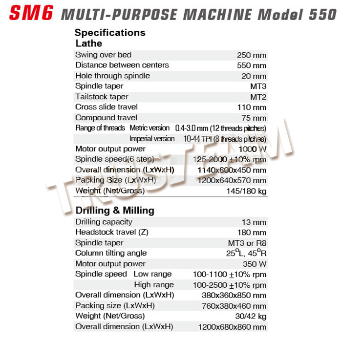 Multi-Purpose Lathe, Drilling & Milling machine SM6-SM6
